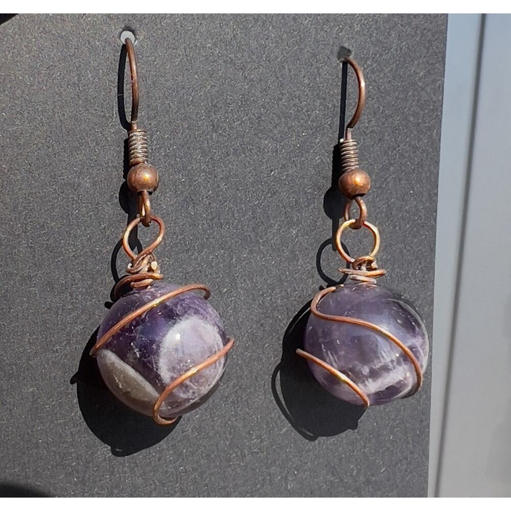 Artisan Made Copper Wrapped Amethyst Dangle Drop Earrings Handmade Boho